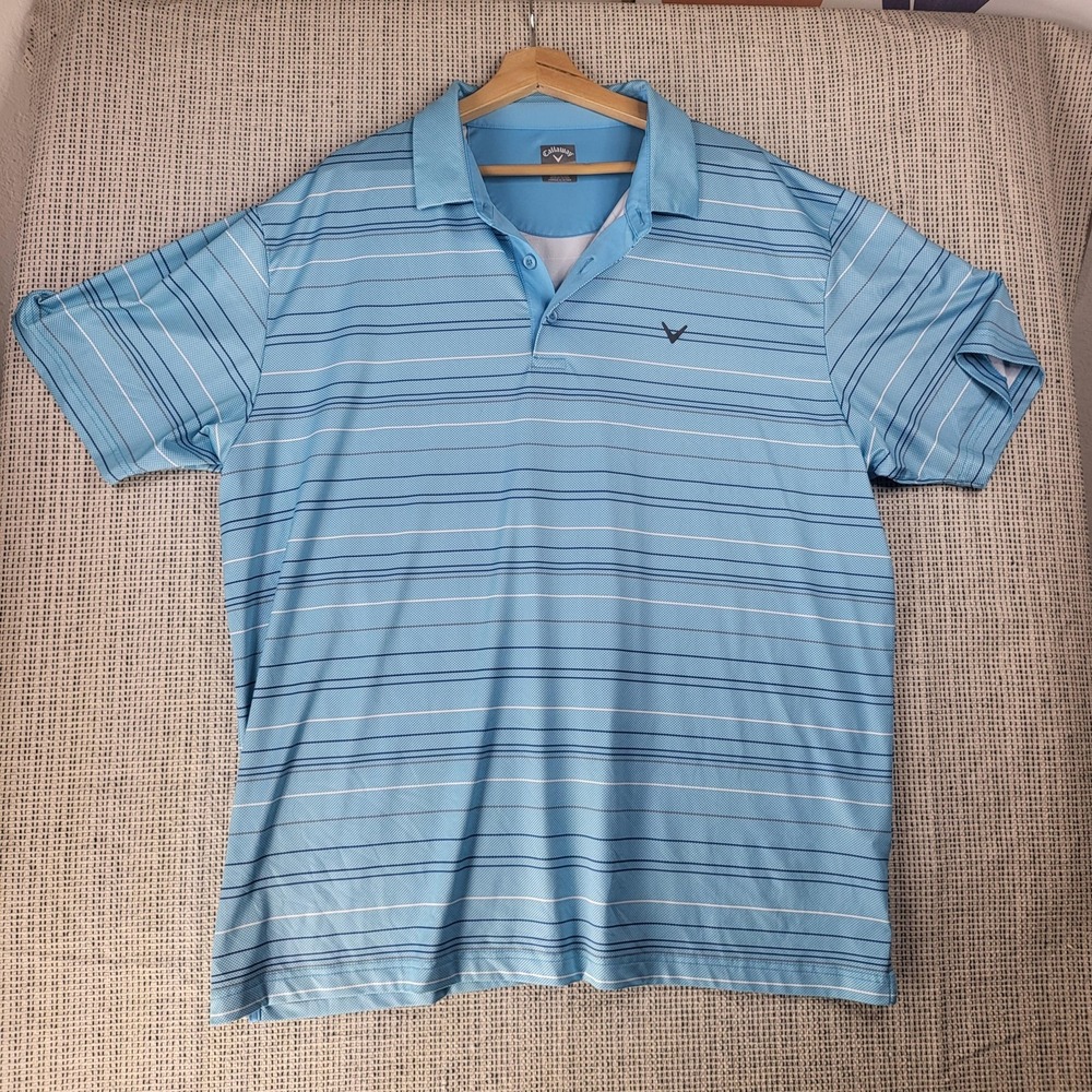 Callaway Polo Shirt Mens 2XL Blue Striped Opti-Dri Golf Performance Lightweight‎